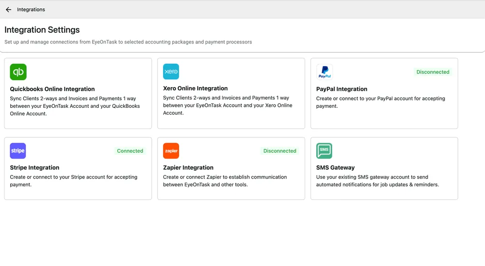 The Integration Settings page: cards for QuickBooks Online, Xero Online, PayPal, Stripe, Zapier and SMS Gateway, each showing a Connected or Disconnected badge