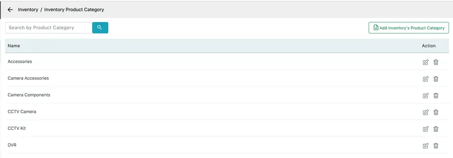 The Inventory Product Category list with Accessories among its entries