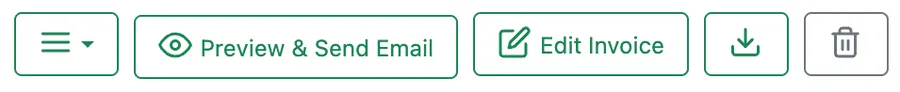 The invoice action bar: the menu, Preview & Send Email, Edit Invoice, download and delete