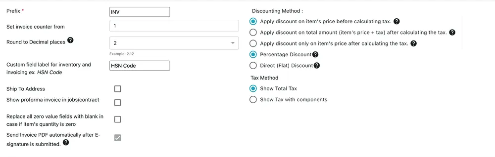 Invoice default settings: prefix, counter, rounding, custom field label, four tick boxes, and the discounting and tax method radios