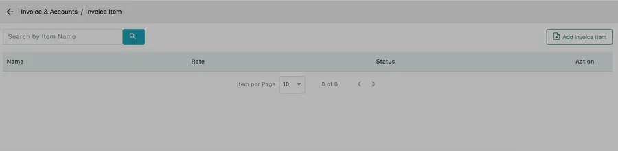 The Invoice Item list, empty, with an Add Invoice Item button
