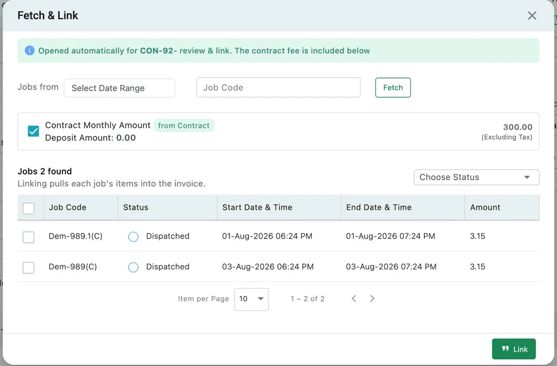 The Fetch and Link dialog opened for a contract, with the contract fee already ticked and the jobs found for the period listed below