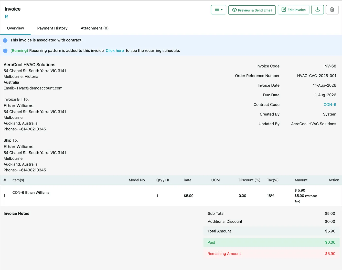 The full invoice page: tabs, banners, company and client details, line items and totals