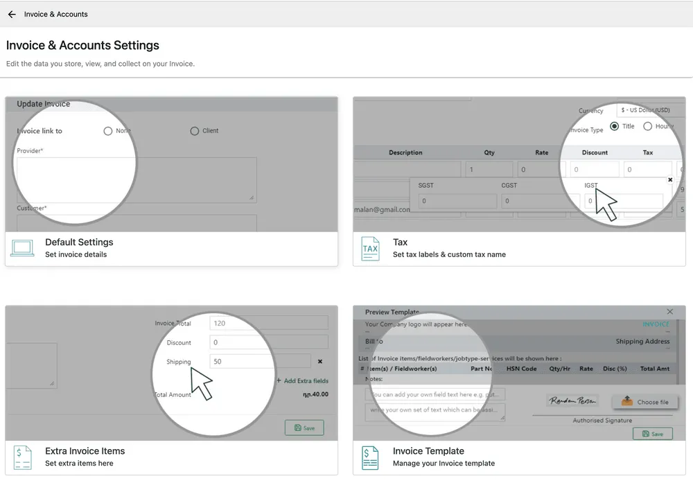 The Invoice & Accounts settings page with cards for Default Settings, Tax, Extra Invoice Items and Invoice Template