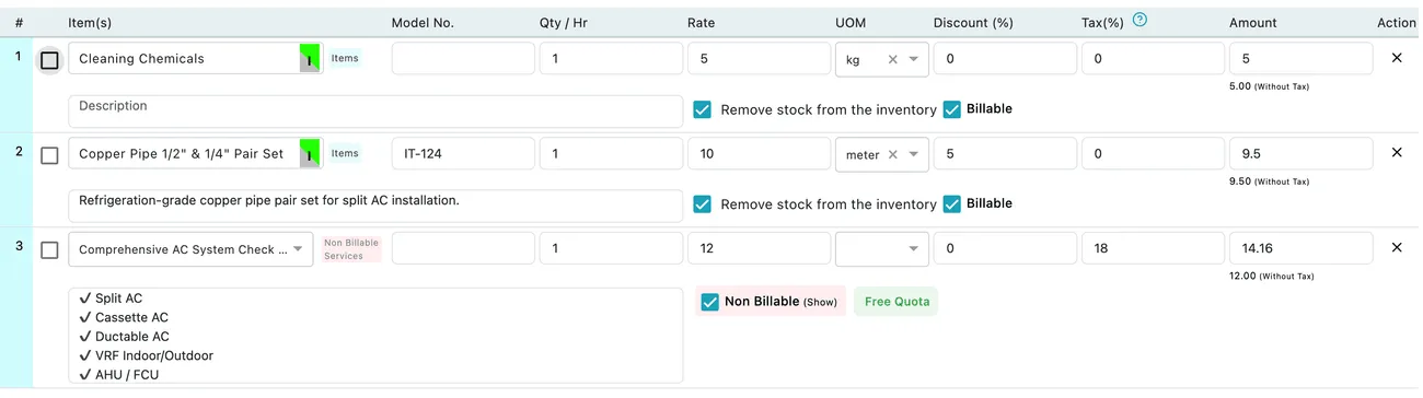 The invoice line item grid, with Billable and Remove stock from the inventory tickboxes under each row