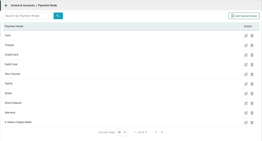 The Payment Mode list: Cash, Cheque, Credit Card, Debit Card, Wire Transfer, PayPal, Stripe, Direct Deposit, Warranty and E-Wallet, each with an edit and a delete, and Add Payment Mode above