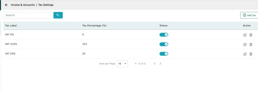Tax Settings: three rows — VAT 0%, VAT 13.5% and VAT 23% — with a percentage, a status switch and an Add Tax button