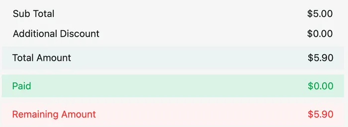 The totals: Sub Total, Additional Discount, Total Amount, Paid and Remaining Amount