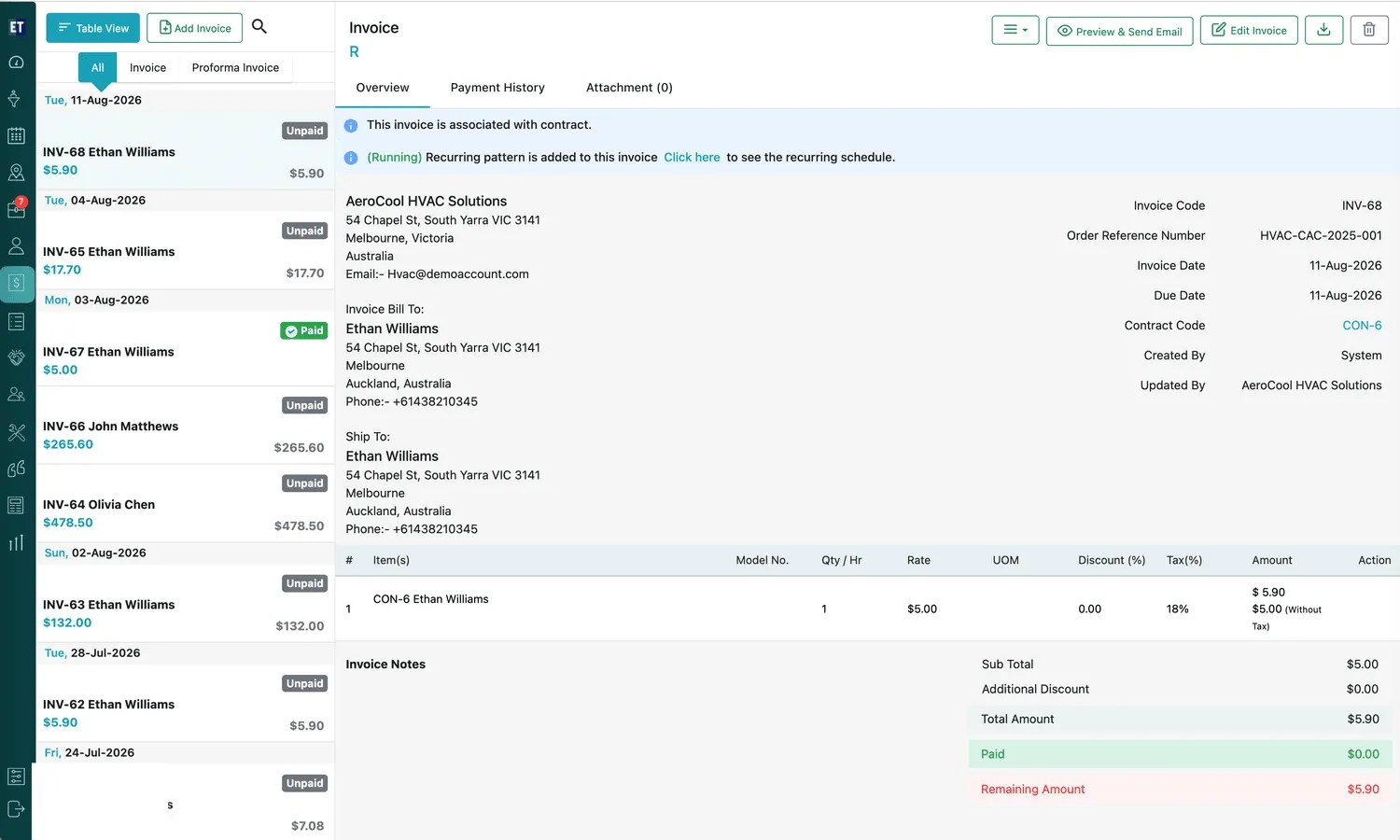 Simple View: the invoice list down the left with All, Invoice and Proforma Invoice tabs, and the selected invoice open on the right