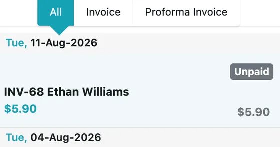 The All, Invoice and Proforma Invoice tabs above the list, with entries showing Paid and Unpaid badges
