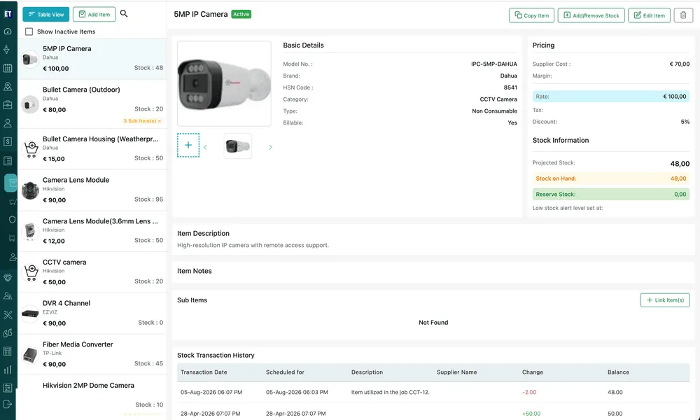 The Product(s) screen with the item list down the left and the 5MP IP Camera open on the right