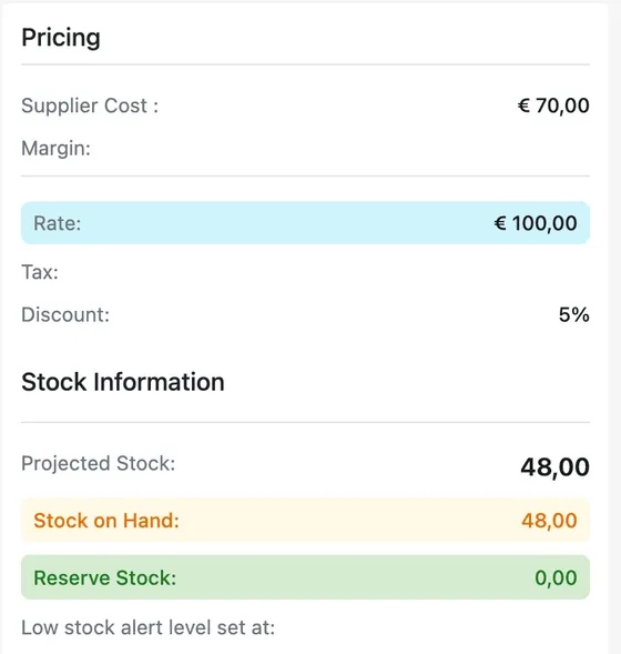 Stock Information showing Projected Stock, Stock on Hand and Reserve Stock, with the low stock alert level beneath