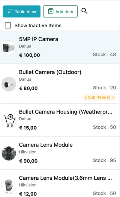 The item list: each row with a thumbnail, item name, brand, rate and stock, and a sub-items badge on one of them