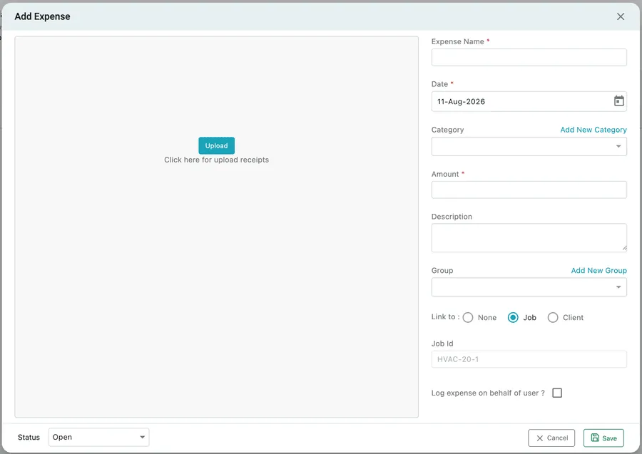 The Add Expense window: a receipt upload area on the left, and fields for name, date, category, amount, description, group, what it links to and whether it is logged on behalf of a user