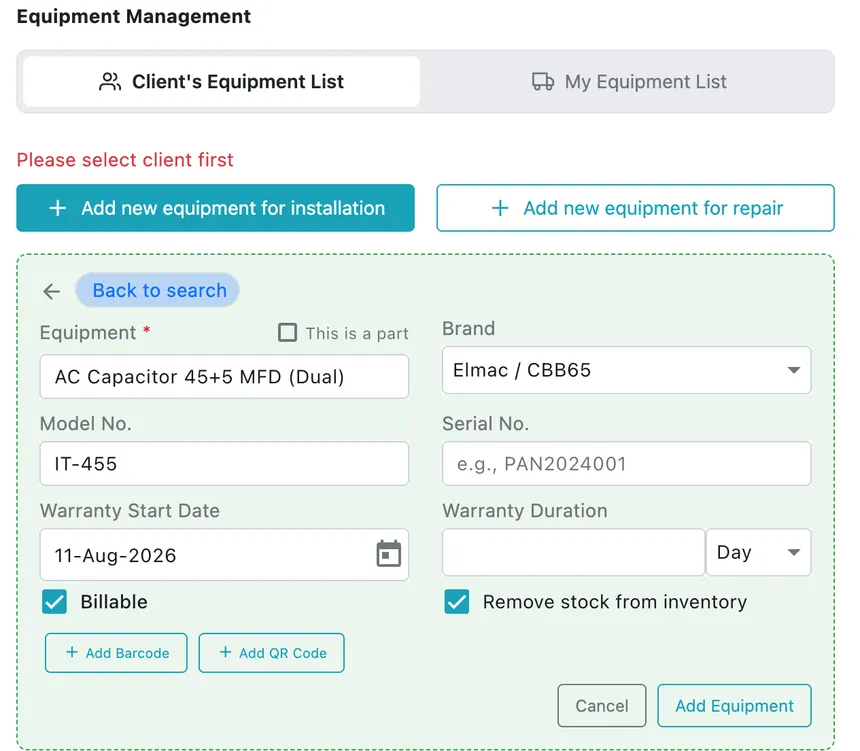 The add equipment form: Equipment name, This is a part, Brand, Model No., Serial No., Warranty Start Date and Duration, Billable and Remove stock from inventory