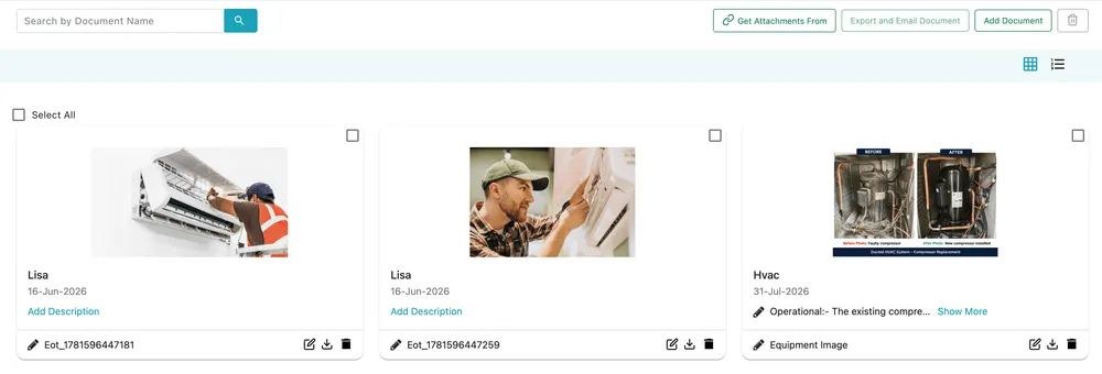 The Attachment tab: search, the Get Attachments From, Export and Email Document and Add Document buttons, and a grid of attached photos each with its uploader, date and description