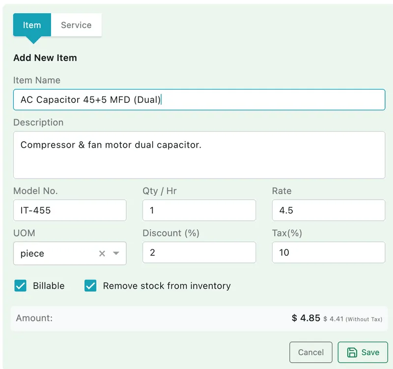 The Add New Item form: item name, description, model number, quantity, rate, unit of measure, discount, tax, Billable and Remove stock from inventory, with the amount worked out below