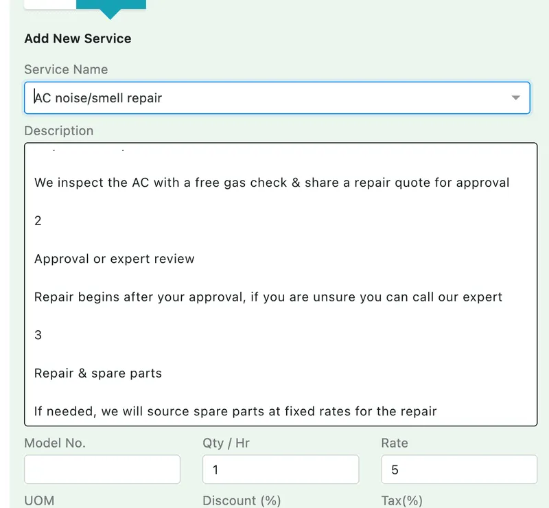 The Add New Service form: service name chosen from a list, with its standard description pulled in, and quantity, rate, discount and tax