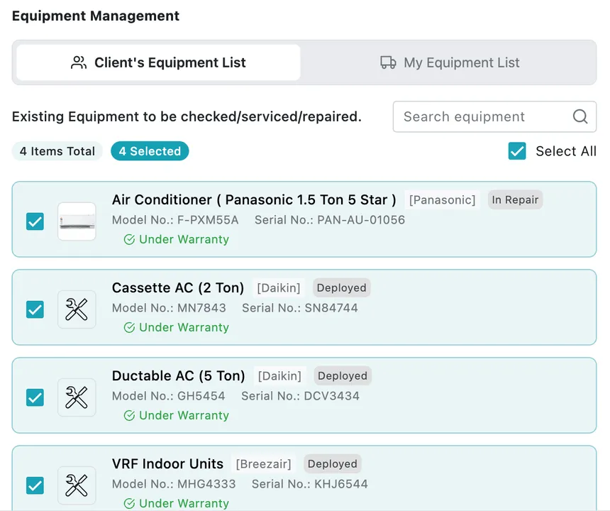 The Client's Equipment List with four units selected: each showing brand, status, model number, serial number and warranty state