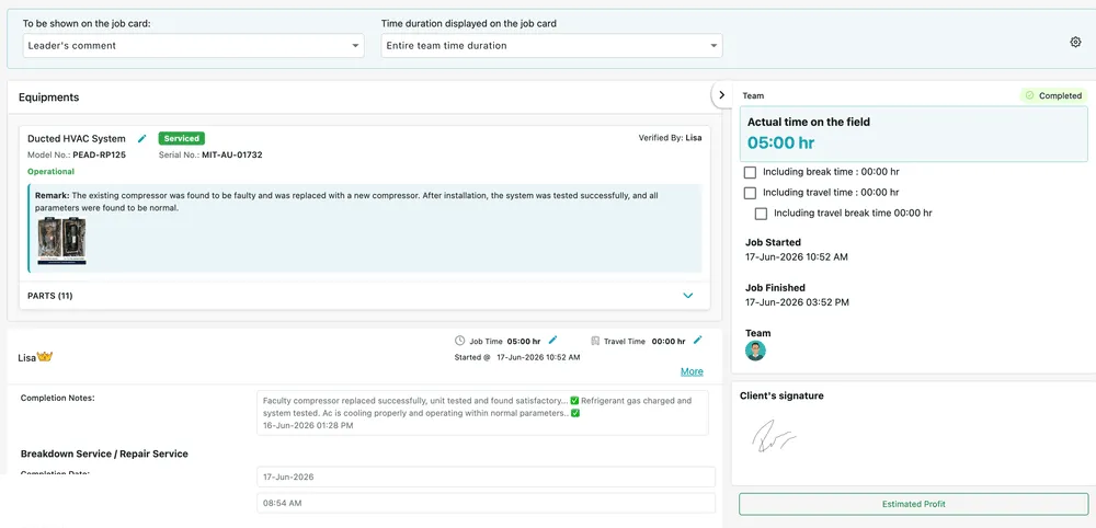 The Completion Detail tab: job card options across the top, the equipment panel with its remark and photos on the left, and the team's time, signature and estimated profit on the right