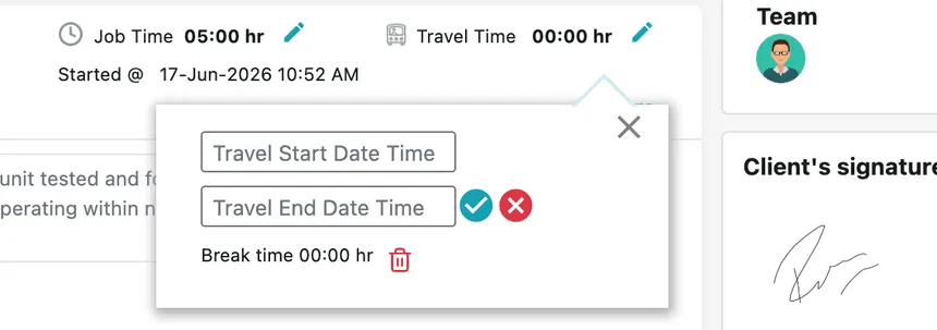The travel time editor: travel start and end date and time, with break time below