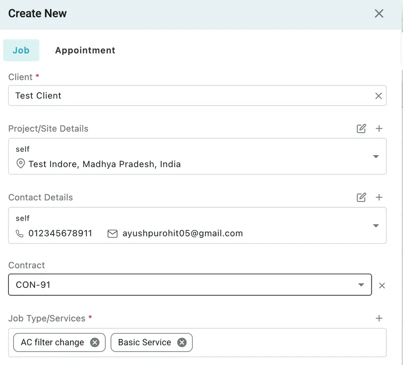 The Create New job screen with a contract selected and two services chosen under Job Type/Services