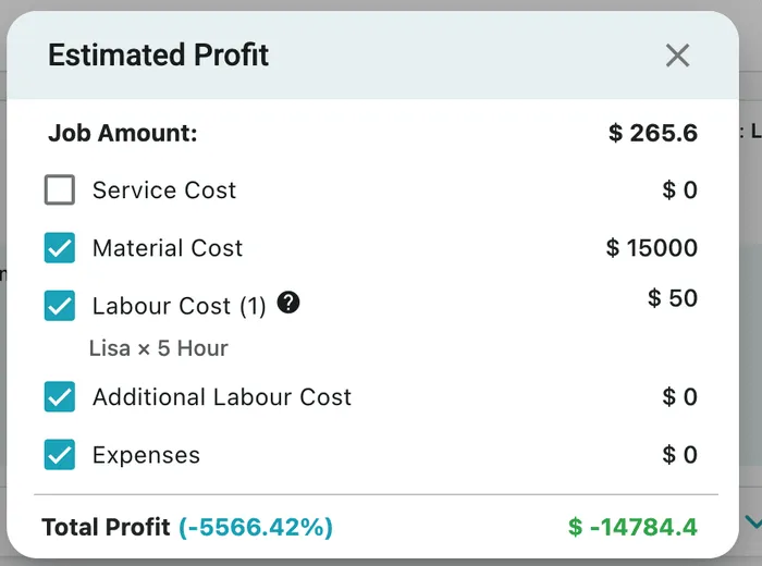 The Estimated Profit window: the job amount at the top, tick boxes for service cost, material cost, labour cost, additional labour cost and expenses, and the total profit below