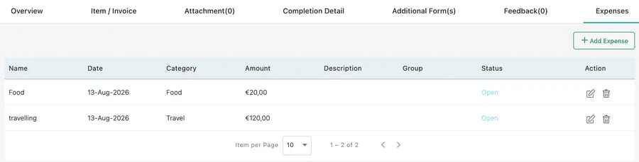 The Expenses tab on a job: an Add Expense button above a table of claims with their date, category, amount and status