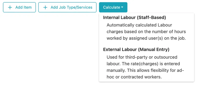 The Calculate menu open, explaining internal and external labour