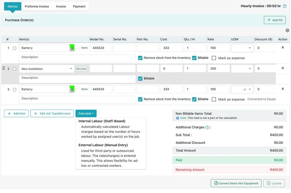 The Item / Invoice tab: the Item(s) sub-tab with a line table, the Calculate menu open, and the totals panel on the right