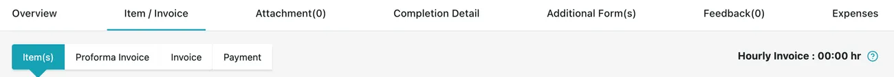 The job's tab bar with Item / Invoice selected, and the Item(s), Proforma Invoice, Invoice and Payment tabs beneath it