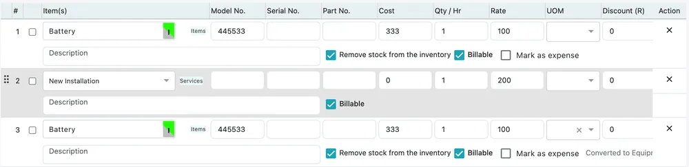 Three lines on a job: two items with model numbers and a service, each with its own description, and tick boxes for removing stock, billable and marking as an expense