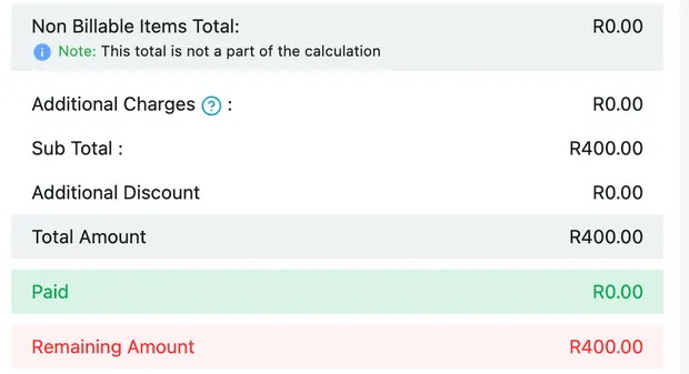 The totals panel: non billable items total with its note, additional charges, sub total, additional discount, total amount, paid and remaining