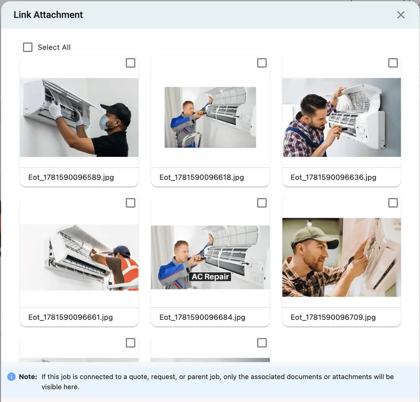 The Link Attachment window: a grid of files from the related record with tick boxes, and a note explaining which files are shown