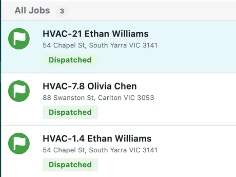The All Jobs list showing job code, client name, address, and status for each job