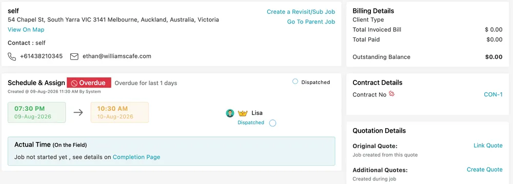 The Overview cards: site and contact on the left with Create a Revisit/Sub Job, the Schedule and Assign card with an Overdue badge and the assigned fieldworker, and Billing, Contract and Quotation Details on the right