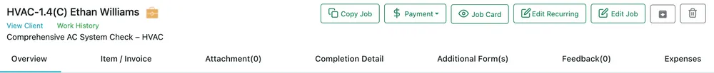 The job page header: job code and client, View Client and Work History links, the job type, and the Copy Job, Payment, Job Card, Edit Recurring and Edit Job buttons above the tab row