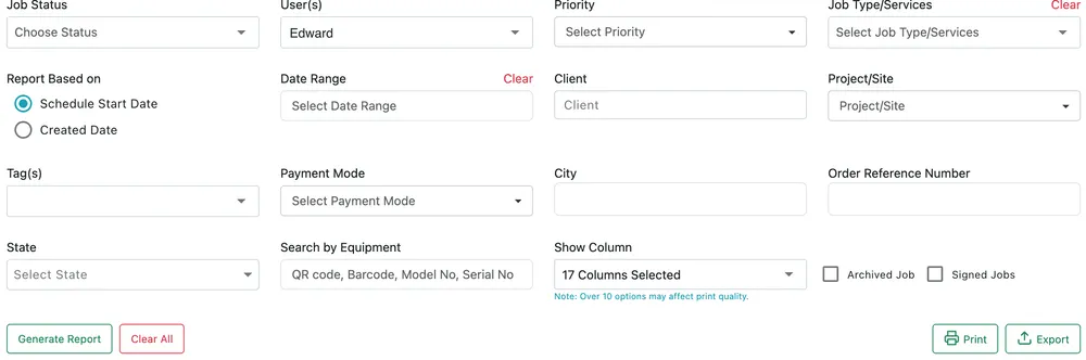 The Job Report filter panel: sixteen filters over four rows, Show Column with its print-quality note, the Archived Job and Signed Jobs tick boxes, and Generate Report beside Clear All