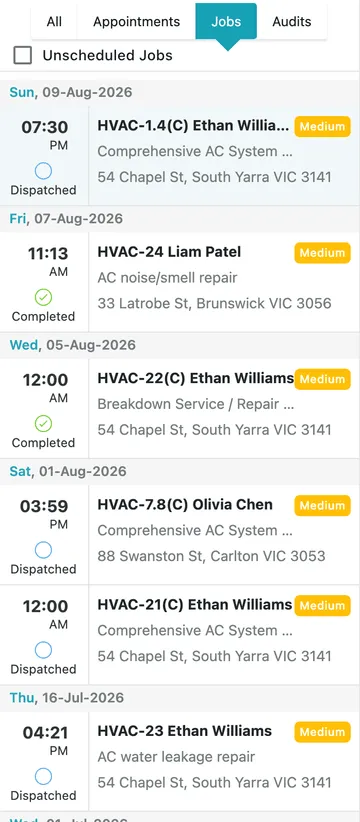 The Simple View job list, grouped by date, each row showing time, job code, client, job type, address and status
