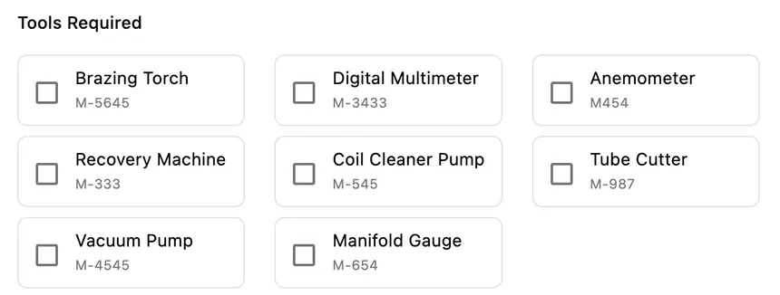 The Tools Required grid: a tick box for each tool with its code