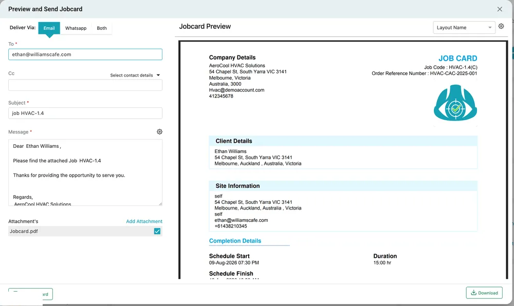 The Preview and Send Jobcard window: delivery options and the message on the left, the rendered job card on the right, with Send Jobcard and Download
