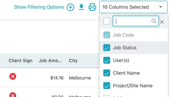 The column picker listing each available column with a tick box