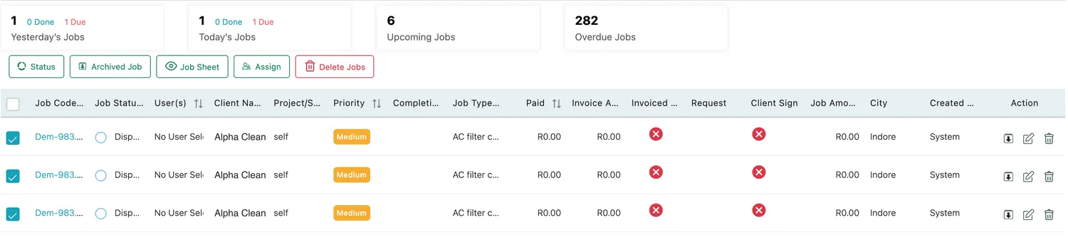 The bulk action bar above the job table — Status, Archived Job, Job Sheet, Assign and Delete Jobs — with three jobs ticked below it