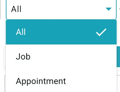 The kind-of-work dropdown open, showing All ticked, Job and Appointment