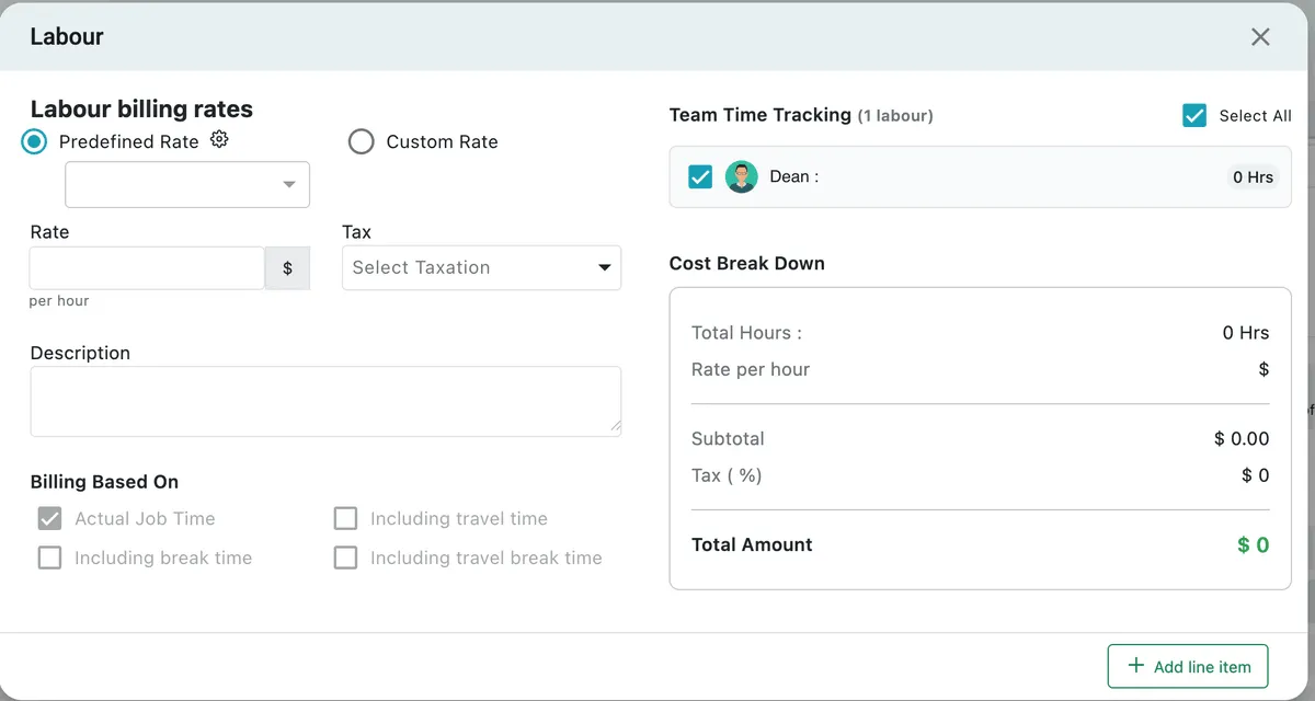 The Labour window: billing rates, Billing Based On options, Team Time Tracking and the cost break down