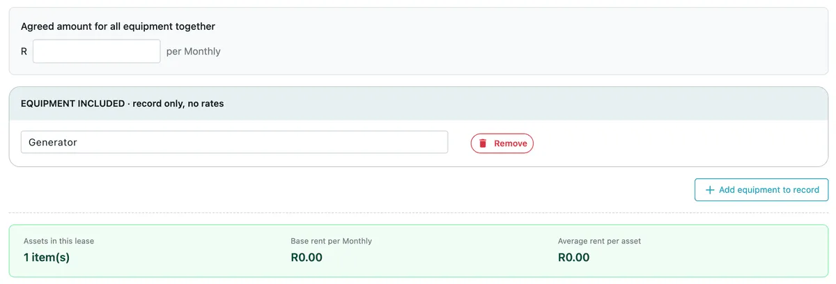The Custom amount view: one agreed amount per period, with the equipment listed for record only