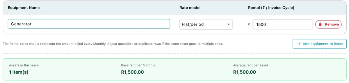 The leasing rate table with an equipment name, rate model, and rental per invoice cycle, plus a summary of assets and base rent