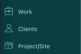 The main menu, with Clients between Work and Project/Site