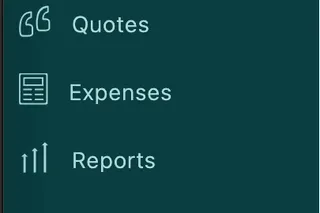 The main menu with the Expenses entry between Quotes and Reports