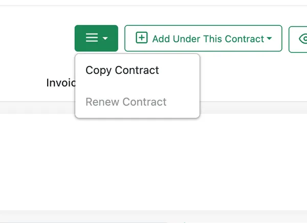 The contract menu offering Copy Contract and Renew Contract